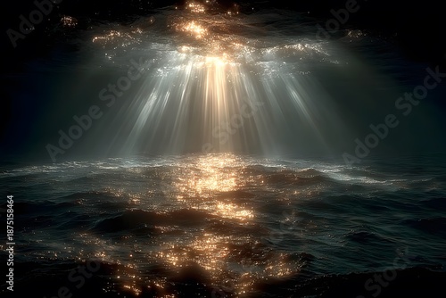 Heavenly Sun Rays Illuminate Ocean Waves at Dusk for Tranquil Scene