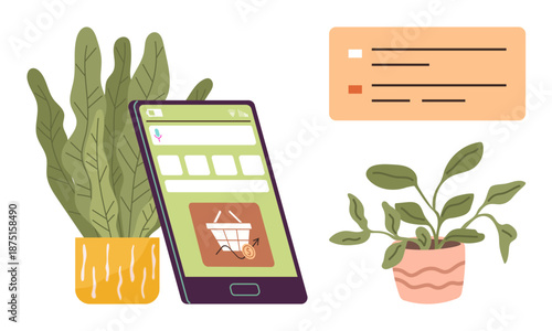 Online shopping, e-commerce, digital marketing, user interface design, sustainable living, eco-friendly trends. Smartphone showing shopping cart icon, surrounded by potted plants. Online shopping