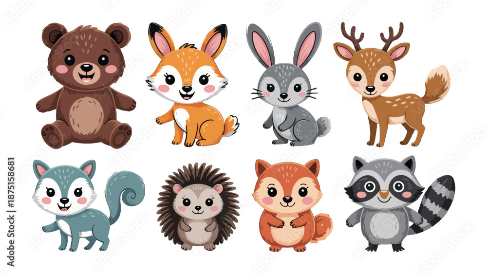 Obraz premium A Collection of Forest Friends: A captivating collection of adorable woodland animals, each brimming with charm and personality. From a playful raccoon to a curious bear.