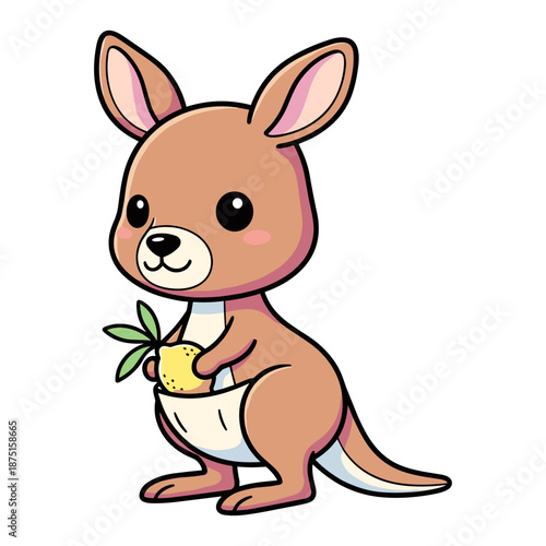 Cute cartoon kangaroo holding a yellow fruit with green leaves brown