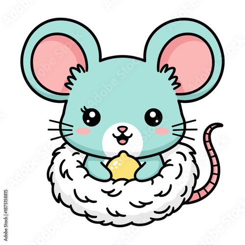 Cute cartoon mouse with big ears holding a yellow cheese wedge pink cheeks white whiskers