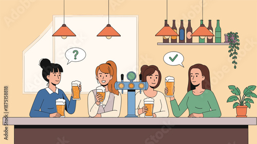 Group of young women enjoying fresh beer at a pub counter with draft taps and bottles displayed on shelves behind them.