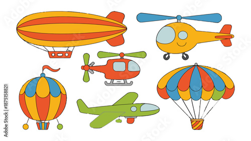 Aviation Collection: A cheerful assortment of flying machines, including a colorful hot air balloon, a vintage zeppelin, a dynamic helicopter, an aircraft, and a parachute.