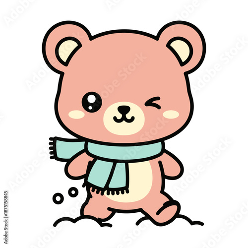 Cute cartoon pink bear with blue diaper and winking expression