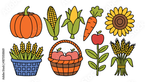 Harvest Bounty: A vibrant assortment of autumn harvest elements, including pumpkins, corn, carrots, sunflowers, wheat, apples, and a basket, all set against a backdrop of the natural bounty.