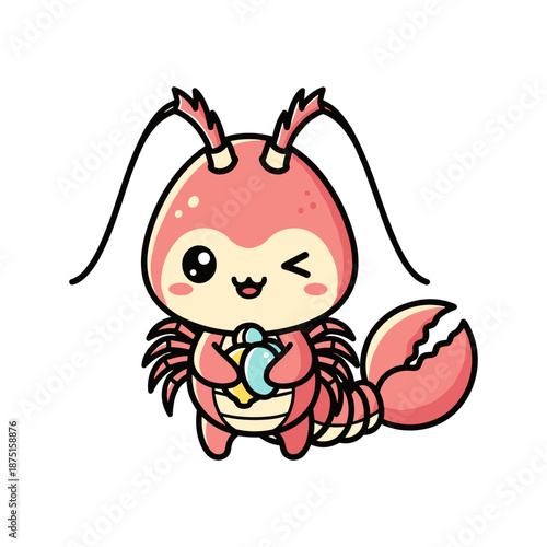 Cute cartoon pink lobster character with blue gem and winking face