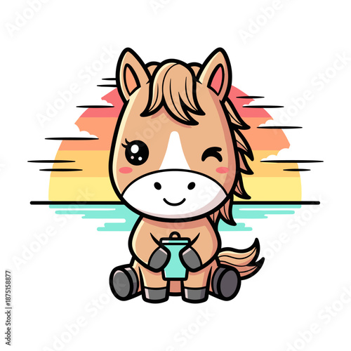 Cute cartoon pony with a white muzzle and gray hooves sitting by a lake at sunset horse