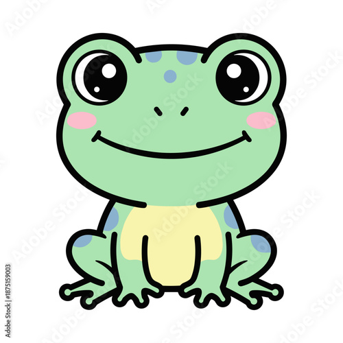 Cute green cartoon frog with blue spots and a yellow belly smiling happily