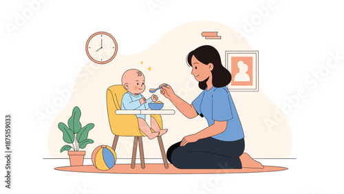 Caring mother sitting on the floor feeding her baby in a yellow high chair in a cozy living room with a plant and clock.