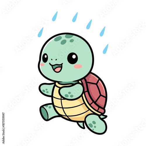 Cute green cartoon turtle with red shell smiling and raining
