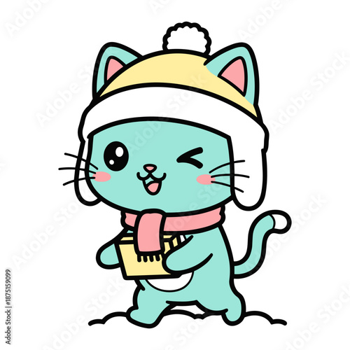 Cute turquoise cat with pink cheeks wearing a yellow hat and holding a book