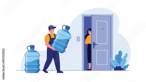 Water delivery man carrying a large blue bottle to a woman at an open apartment door for home or office service.