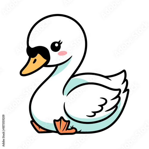 White duck with yellow beak and orange feet standing on water surface