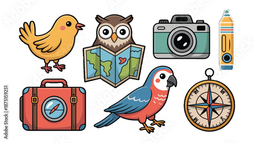 Travel and Exploration Elements: A delightful cartoon arrangement showcasing essential travel elements, inviting the spirit of adventure and the joy of discovery. 