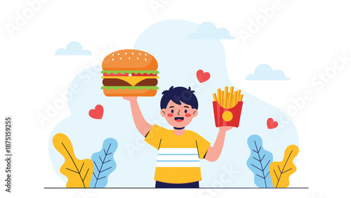 Happy young boy holding a giant hamburger and a large box of french fries with heart icons floating in the background.