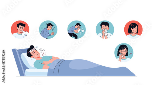Sick man lying in bed with a thermometer while circular icons show various cold and flu symptoms like coughing and sneezing.