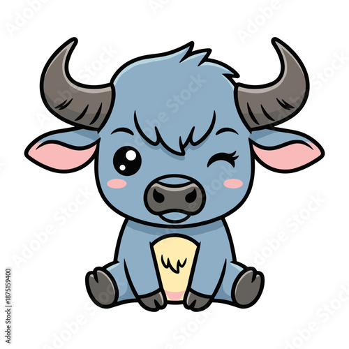Cute blue cartoon cow with horns and a yellow belly sitting and smiling