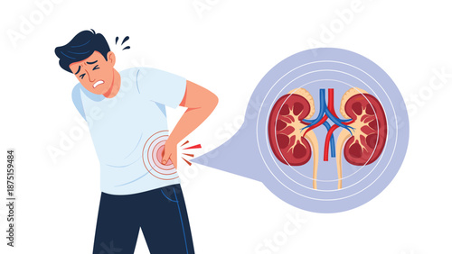 Man suffering from lower back pain with an inset illustration showing inflamed human kidneys for medical diagnosis.