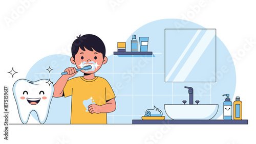 Young boy brushing his teeth in front of a bathroom mirror alongside a giant happy tooth character for dental hygiene.