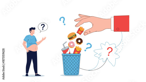 Confused man looking at a giant hand throwing junk food like donuts and burgers into a trash bin for a healthy diet.