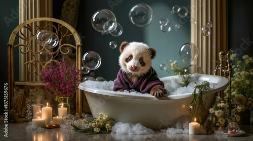 A panda bear sitting in a bathtub with bubbles in the air