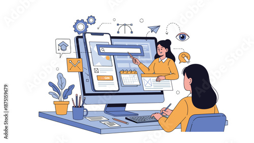 Two creative women working together on mobile app and website design using a large monitor and various design tool icons.