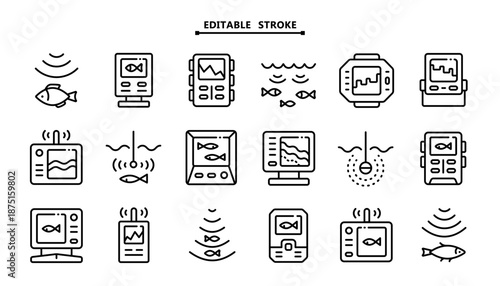 Editable Fish Finder Vector Icons: Depth Sounder, Hydrophone and GPS Symbols for Fishing App and Boat Gadgets