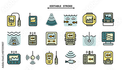 Digital echo sounder vector icons. Editable stroke. Set includes device, screen, wave, fish, depth finder. Fish finder flat symbols. Isolated on white.