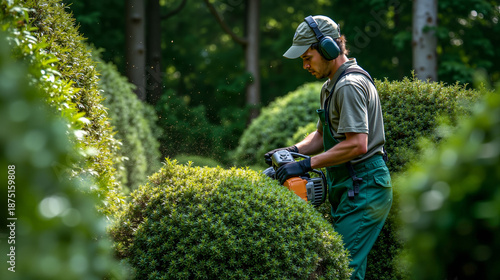 Wallpaper Mural A man using a hedge trimmer to trim a hedge Torontodigital.ca