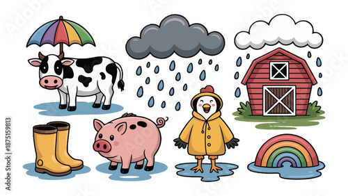 Farmyard Bliss: A charming illustration depicts a serene farm scene filled with adorable animals, a vibrant rainbow, and protective rain gear. This image evokes feelings of joy and safety.