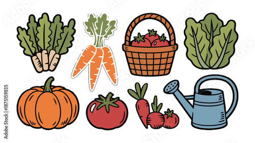 Fresh Garden Bounty: A delightful collection of freshly harvested vegetables and gardening tools, capturing the essence of a thriving garden and the joy of fresh produce.