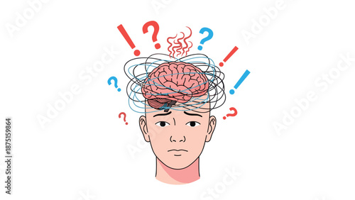 Confused person with a brain illustration surrounded by tangled wires question marks and exclamation points above.