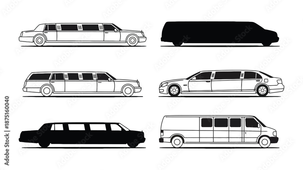 Obraz premium A collection of limousine and van illustrations in black and white