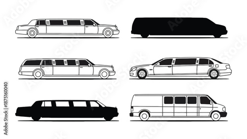 A collection of limousine and van illustrations in black and white