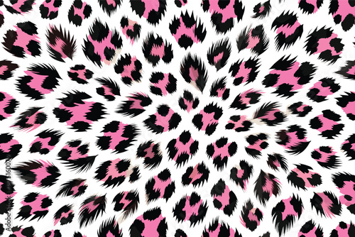 A vibrant leopard pattern with pink and black spots on a white background, creating a mesmerizing radial design