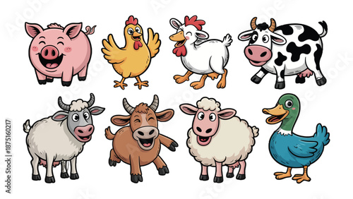 Farm Animal Collection: A vibrant cartoon featuring a diverse group of charming farm animals, each radiating individual character and charm.  A delightful display of friendly faces from farm animals.
