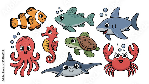 Animated Sea Creatures' Delight: An engaging assembly of cheerful and vibrant aquatic creatures swim across the ocean, evoking feelings of wonder and curiosity.