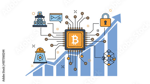 Central processing unit with a bitcoin logo over an upward trending bar graph and various blockchain technology icons.