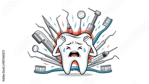 Sad tooth character holding its head in pain surrounded by various dental tools and toothbrushes in the background.