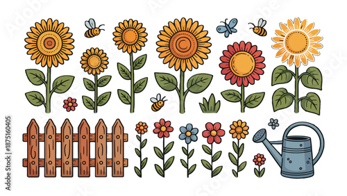 Sunflower and Garden Elements: A vibrant illustration showcasing a collection of sunflowers, flowers, bees, butterflies, fence and a watering can, creating a delightful garden scene.