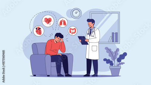 Patient sitting in a chair talking to a doctor with thought bubbles showing various internal organ health concerns.