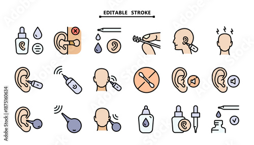 Ear Care and Otology Icons: Filled Color Flat Vector Set for ENT Clinics, Medical Illustration and Hearing Health