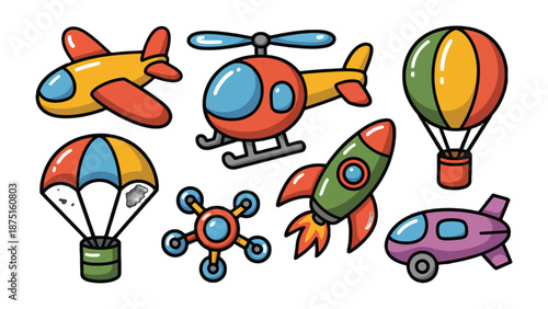 Flying Machine Collection: A charming collection of colorful flying machines. Each illustration captures the whimsy of flight, making this image ideal for educational materials or playful designs.