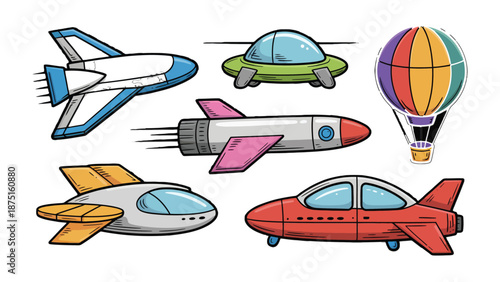 Aerospace Wonders: An array of whimsical illustrations of aircraft, showcasing the diversity of flying machines, from the simple aircraft to the grandeur of an air balloon. 