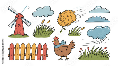 Farm Scene: Charming illustration of rural life, featuring a quaint windmill, fluffy clouds, a cozy hay bale, and a vigilant hen, evoking a sense of peaceful simplicity.