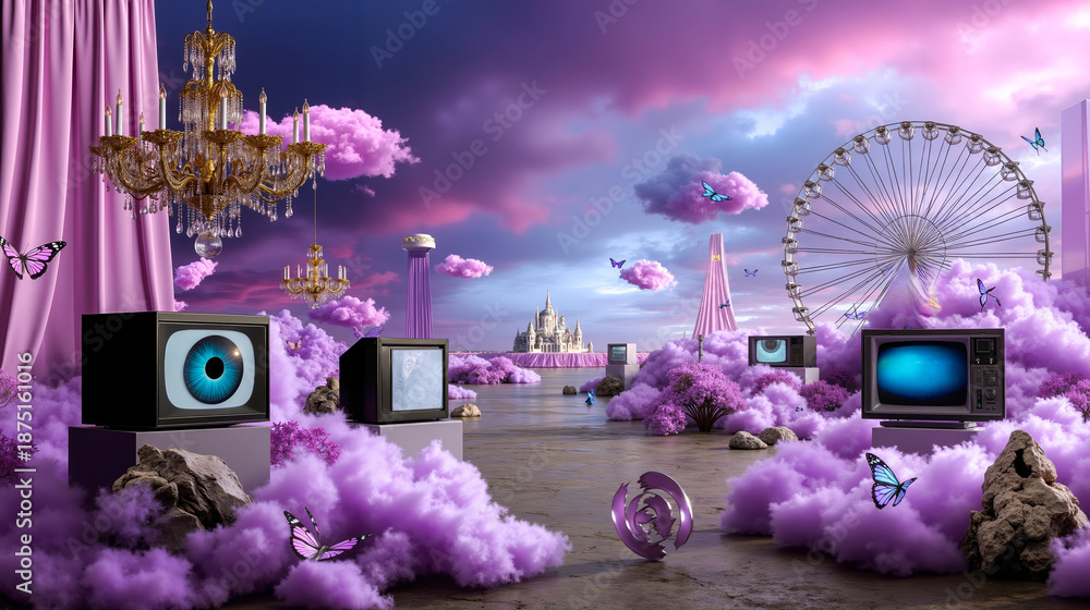 Fototapeta premium A woman sitting in front of a pink and purple sky filled with clouds