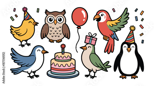 A Flock of Celebratory Birdies: A whimsical illustration featuring a lively flock of birds, each adorned with festive party hats and surrounded by confetti.