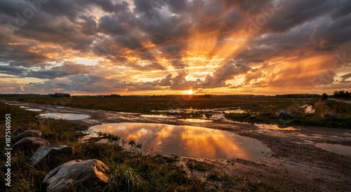 Dramatic Sunset Light Shafts Piercing Broken Clouds after Rain