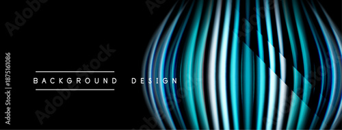 Abstract lines create glowing oval shape. Dark background emphasizes vibrant blue, white gradients. Minimalist design with text elements.
