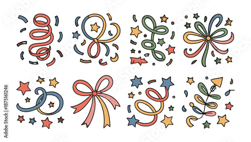 Festive Ribbon Collection: A colorful collection of decorative ribbons and stars. Perfect for celebrations, adding a touch of cheer to festive designs, or a playful element.
